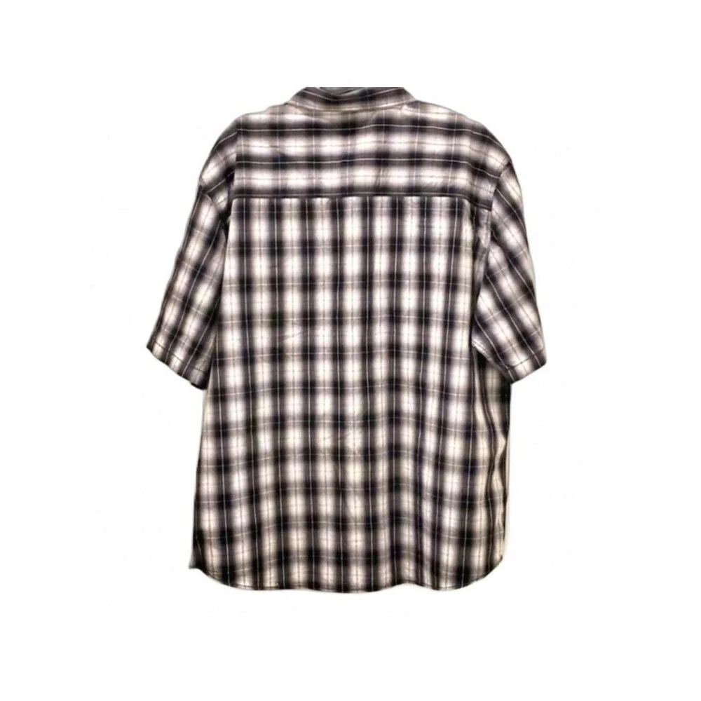 Plaid Shirt Short Sleeve Button Up Casual Work Black Gray Size Mens